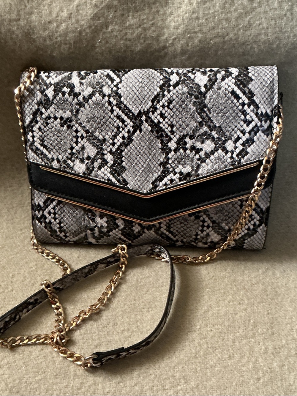 Madison West Gray Snake-Print Crossbody with Black Chevron and Gold Chain